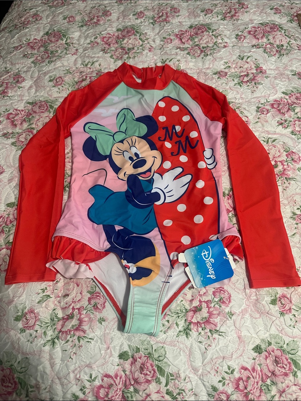 Disney Minnie Mouse Red Pink Long-Sleeve Rash Guard Swimsuit